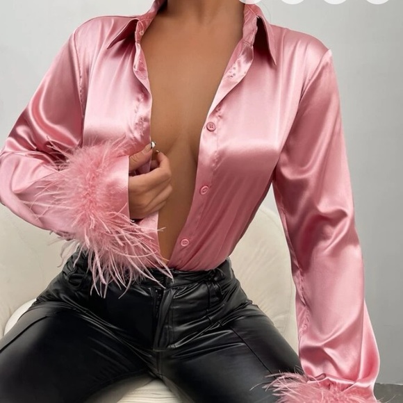 Fuzzy cuff satin dusty pink shirt - Picture 1 of 3